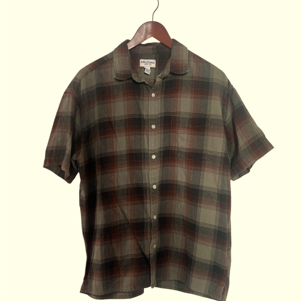 Arizona Jean Co Plaid Button Down Shirt Men Medium Brown Green Short Sleeve